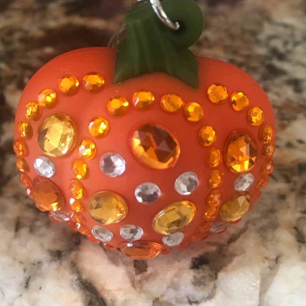 Bath & Body Works PocketBac Holder Orange Jeweled Pumpkin Keychain Charm